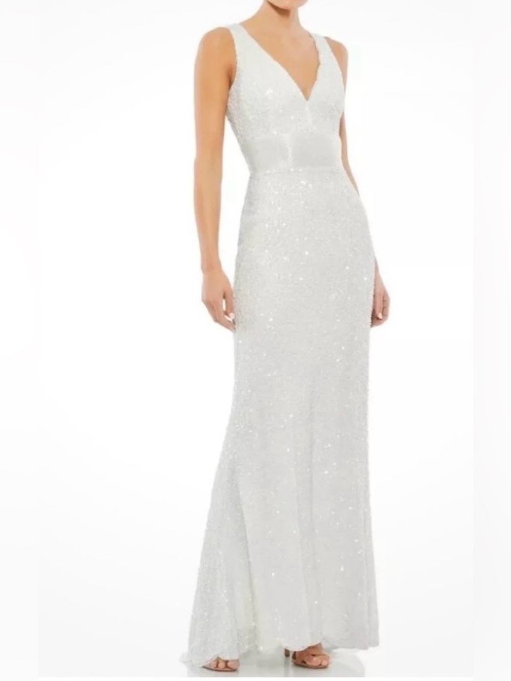 Mac Duggal Sequin Sleeveless V Neck Column White Gown & Beaded Belt Formal - Picture 4 of 10